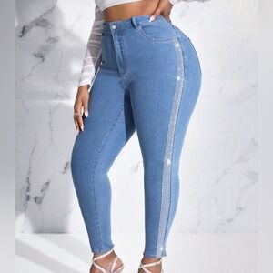 Women’s Plus High Waist Contrast Rhinestone Side Skinny Jeans